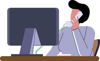 A woman is sitting at a desk with a computer and a phone vector