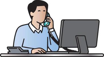 A man is sitting at a desk with a computer and a phone vector