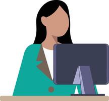 A woman is sitting at a desk with a computer vector