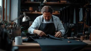 A man is working on a piece of fabric photo
