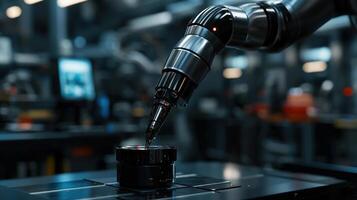 A robot is working on a machine in a factory photo