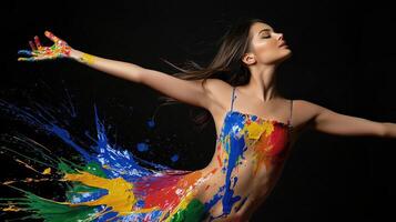 A woman in a colorful dress is dancing with paint splattered on her body photo