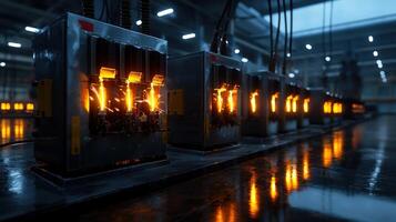 A row of glowing metal boxes with a dark background photo