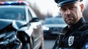 A police officer stands in front of a car that has been in an accident photo