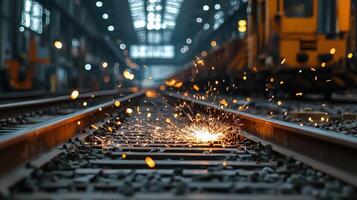 A train track with sparks flying off of it photo