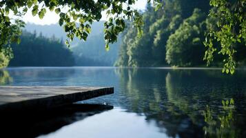 A wooden dock sits on the edge of a lake photo