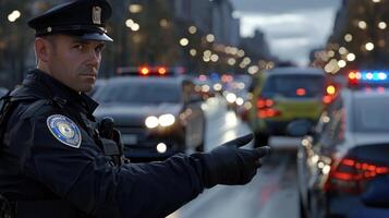 A police officer pointing to the traffic photo
