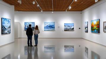 A couple is standing in front of a painting of a mountain photo