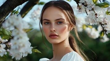 Beautiful woman with white blossom in background photo