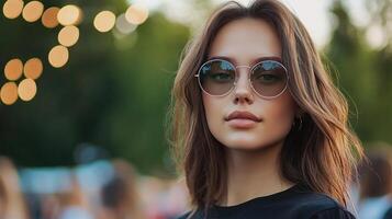 A woman wearing sunglasses in front of a crowd photo