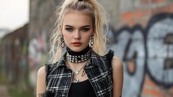 A young woman with a punk style wearing a black and white checkered vest photo
