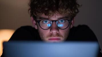 A man wearing glasses and looking at a laptop photo