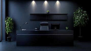 Black office with desk and plants photo