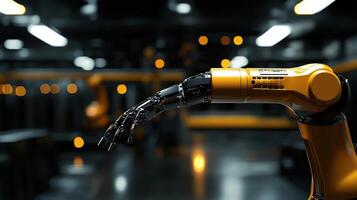 A robot arm with a yellow handle is shown in a dark room photo