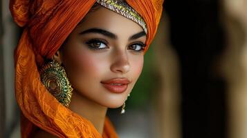 A beautiful woman in an orange turban photo