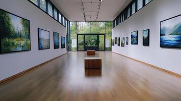 An art gallery with paintings on the walls photo