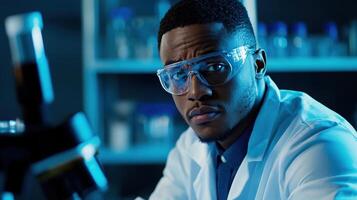A man in a lab coat and glasses looking at a microscope photo