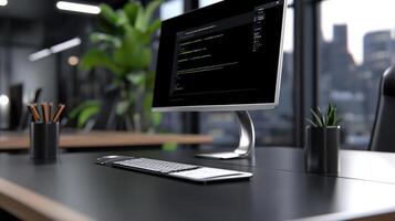 A computer monitor on a desk in an office photo