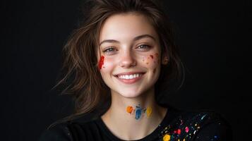 un mujer con vistoso cara pintar es sonriente foto