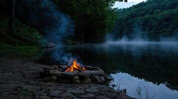 A campfire is lit on the shore of a lake photo