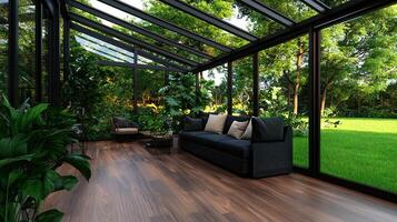 A large glass enclosed room with a couch and plants photo