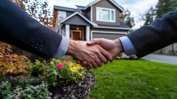 Two men shaking hands in front of a house photo