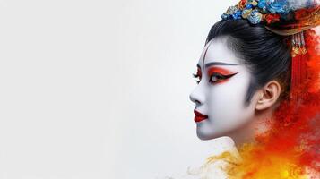 A woman with makeup and a colorful headpiece photo