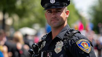 A police officer stands in a crowd with his hands on his hips photo