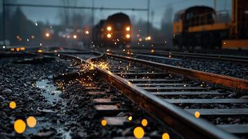 The train tracks are lit up with sparks, creating a dramatic photo