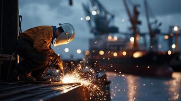 A man welding on a ship at night photo
