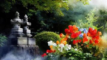 A painting of a garden with flowers and statues photo