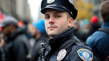 A police officer in uniform standing in front of a crowd photo