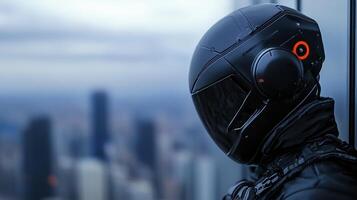 A person wearing a helmet with a city in the background photo