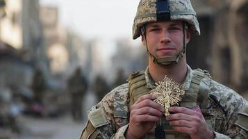 A soldier holding a cross in the middle of a city photo