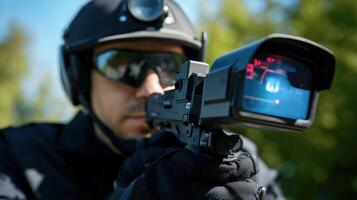 A man in a black helmet and black gloves is holding a gun photo