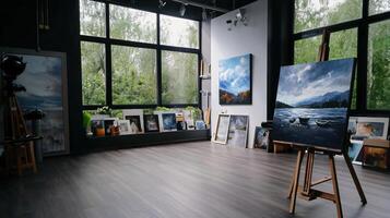 An empty room with a large window and easel photo