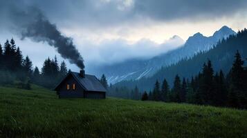 A small cabin in the mountains with smoke coming out of the chimney photo