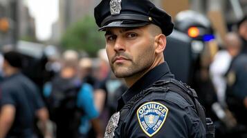 A police officer is standing in front of a crowd photo