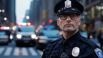 A police officer stands on a busy street with cars and people around him photo