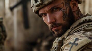 A soldier with tattoos on his face photo
