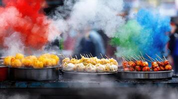 A table with a variety of food items, including dumplings and meat skewers photo