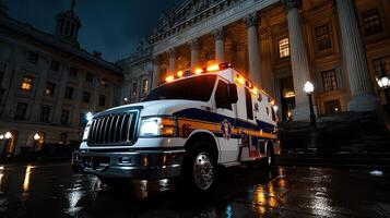 A white ambulance with the word emergency on the side photo