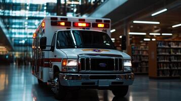 A white ambulance with red lights on is parked in a library photo