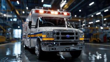 A white ambulance with red and yellow stripes is parked in a large photo