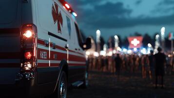 A red and white ambulance is parked in front of a crowd of people photo