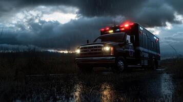 A black ambulance is driving down a wet road photo
