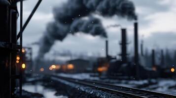 A train is seen in the background with smoke coming out of it photo