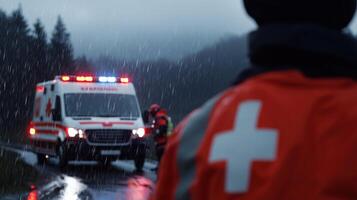 A man in an orange jacket stands in the rain next to an ambulance photo