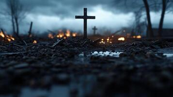 A cross is in the middle of a pile of rubble photo