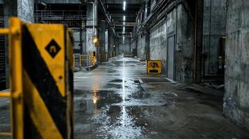 A dark, wet, and empty hallway with a yellow and black sign photo